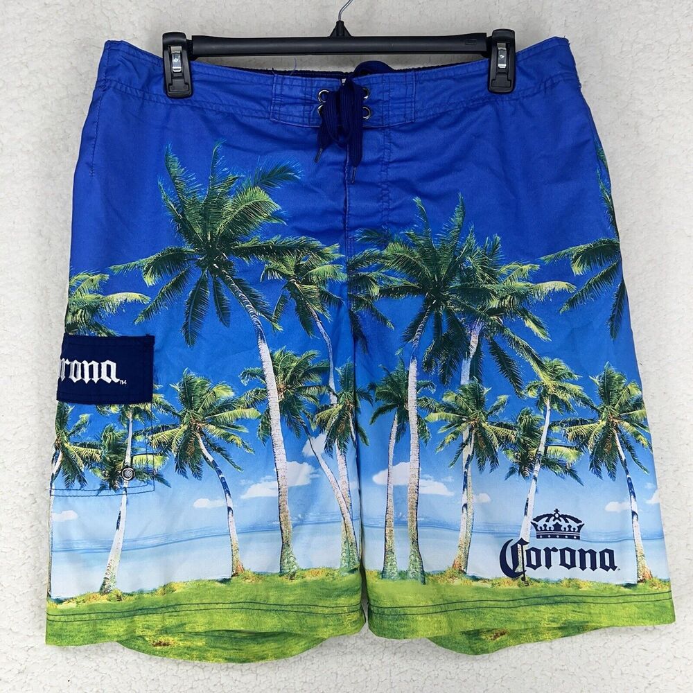Corona Board Shorts Men's 38 Inseam 9.5" Palm Trees Lined Hawaiian Swim Beer
